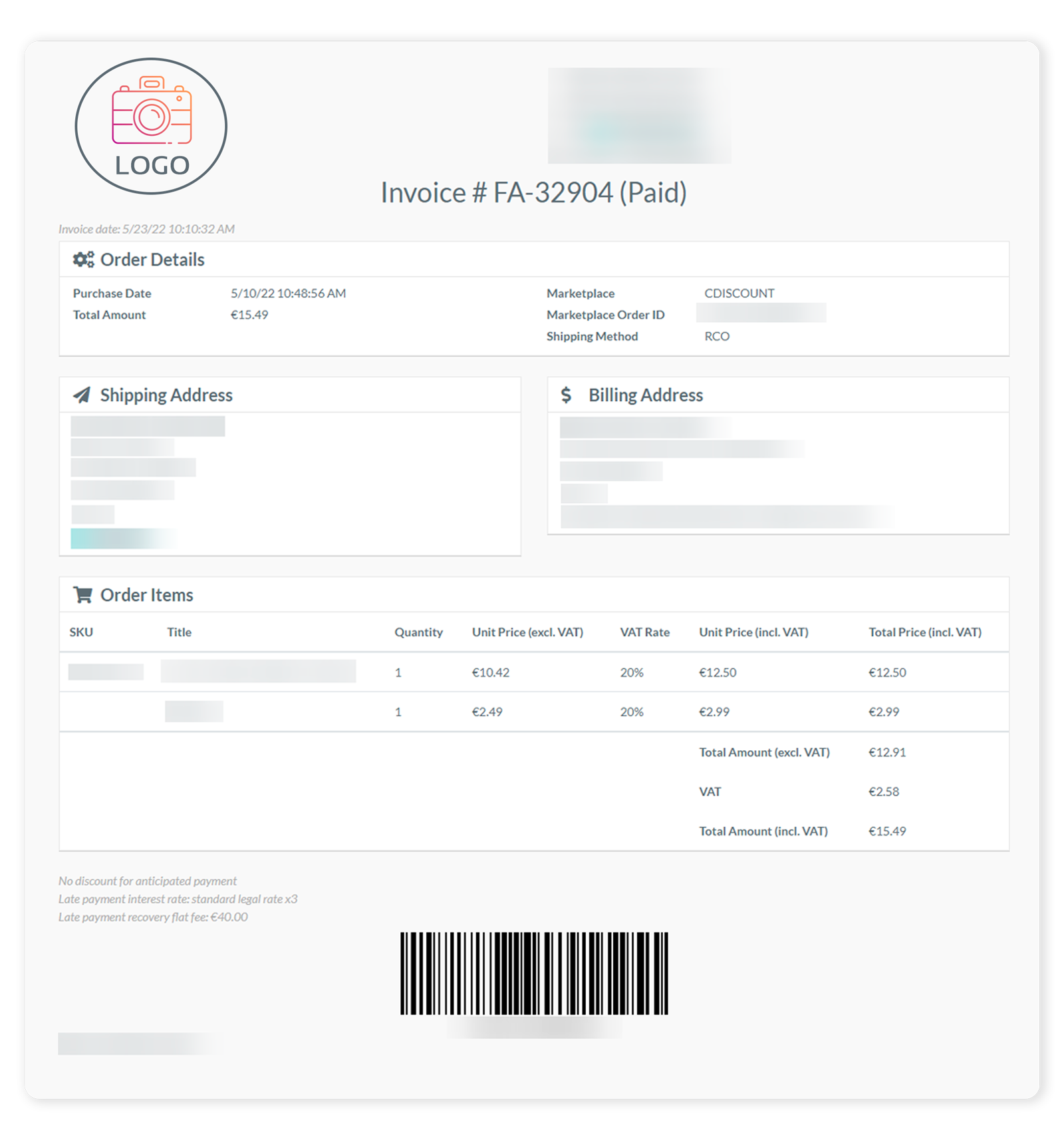 Example of an invoice in BeezUP