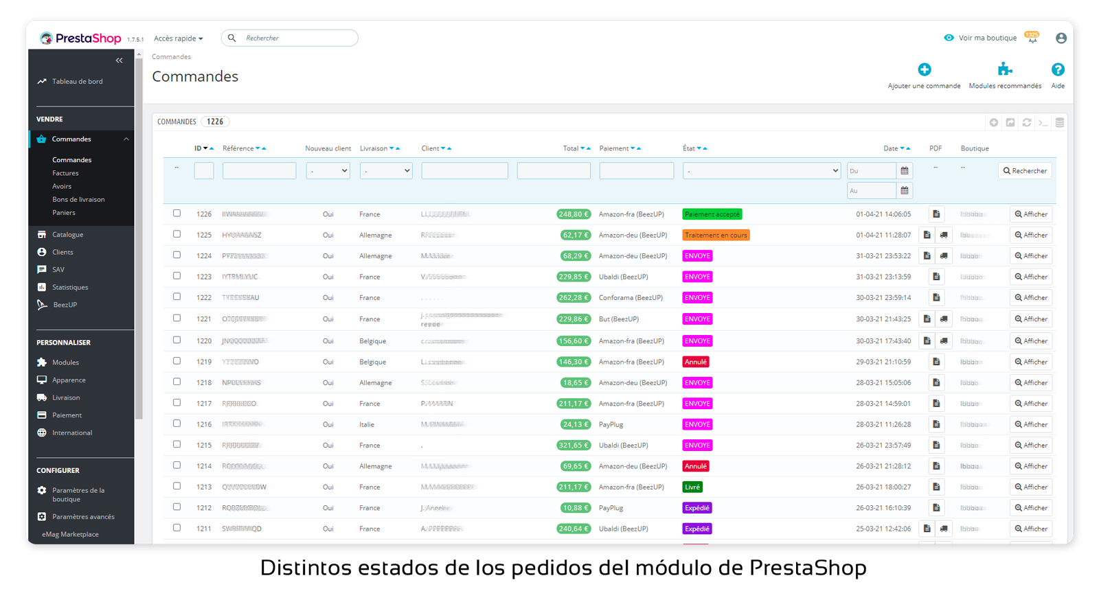 Distintos estados de los pedidos del modulo de PrestaShop