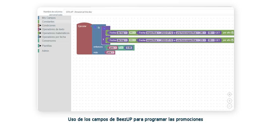 Programación de una promoción en BeezUP a partir del campo «StandardPrice» mediante un campo personalizado en el que se introduzcan fechas de validez.