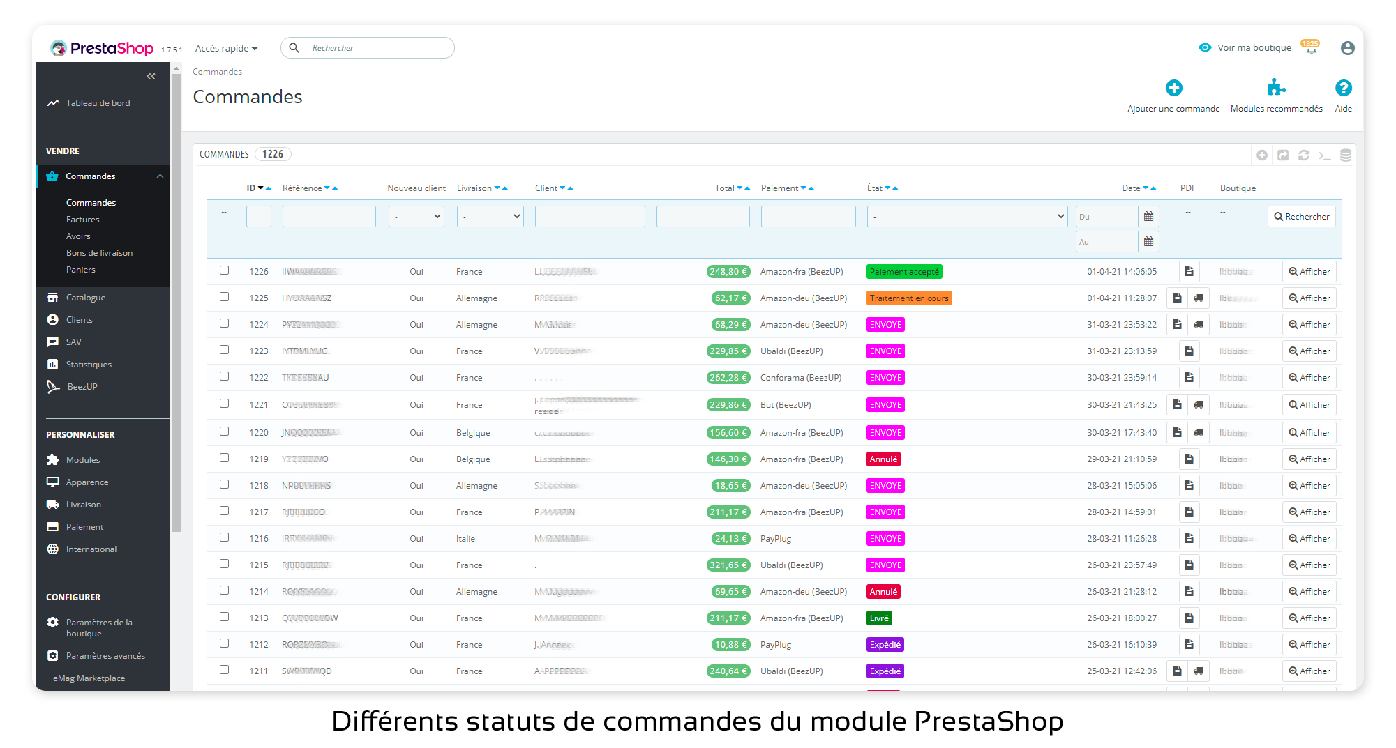 Statuts de commandes module PrestaShop de BeezUP