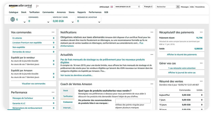 Tableau de bord Amazon Seller Central